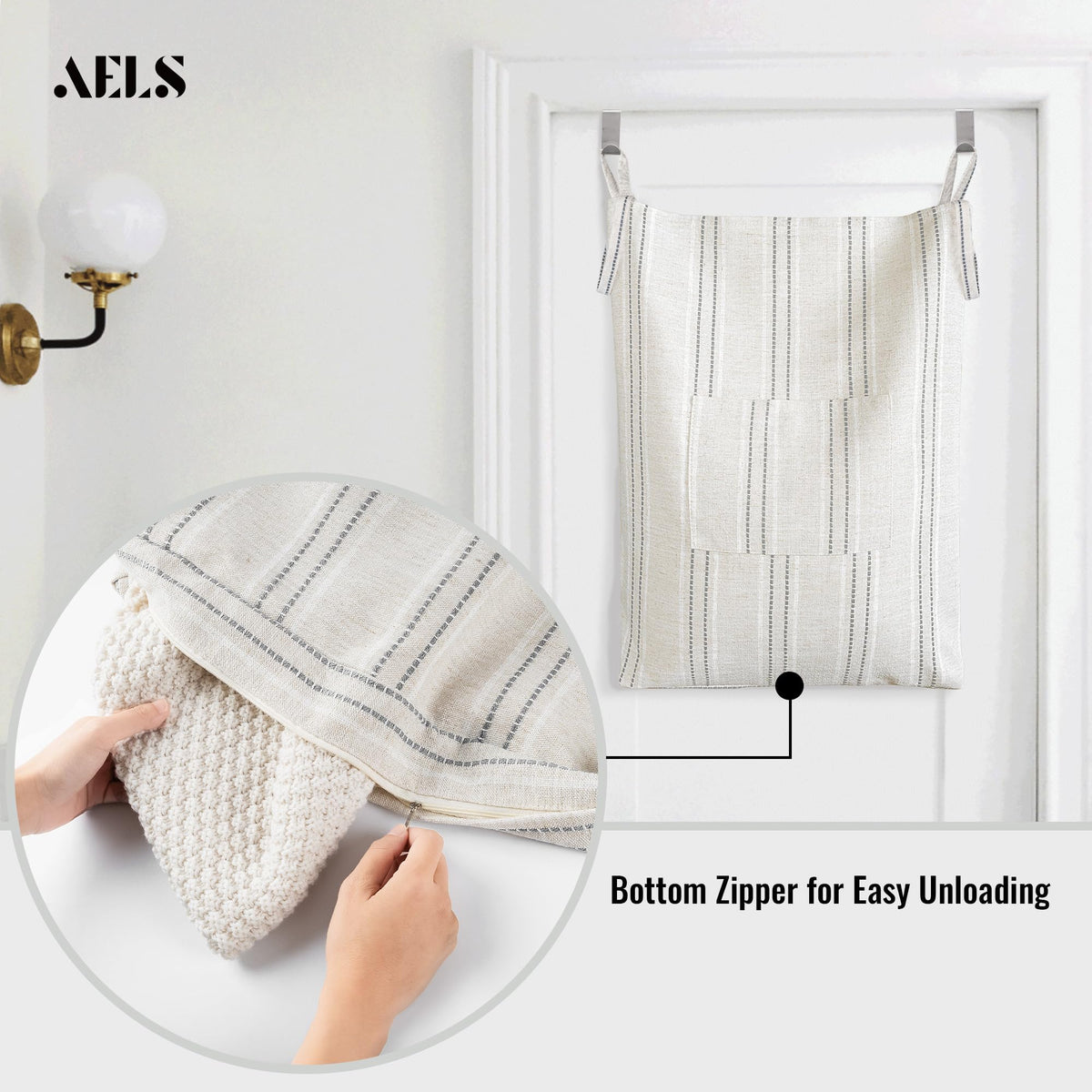 AELS Farmhouse Hanging Laundry Hamper with 2 Hooks, Boho Beige & Gray Stripes Laundry Bag with Zipper & Wide Open Top, Over the Door Organizer for Dirty Clothes, Washable Space Saving Storage