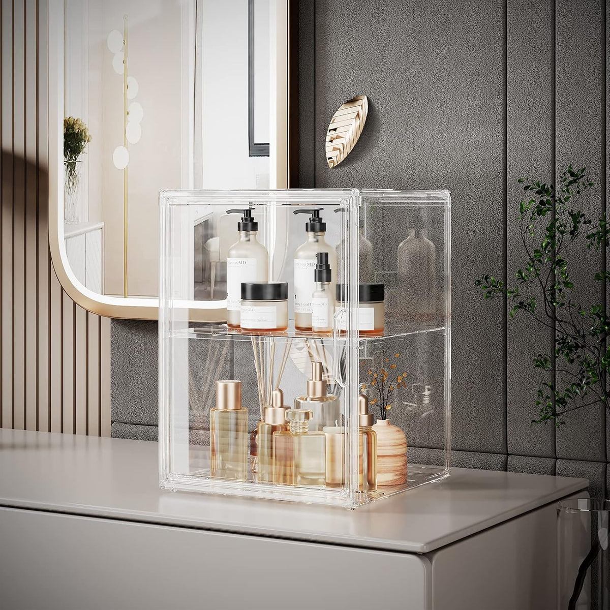 2Pack Makeup Organizer Storage, Large Capactiy Acrylic Bathroom Organizer, Clear Cosmetics Organizer Bins with Division Board for Vanity, Skincare, Countertop Storage and Display Case