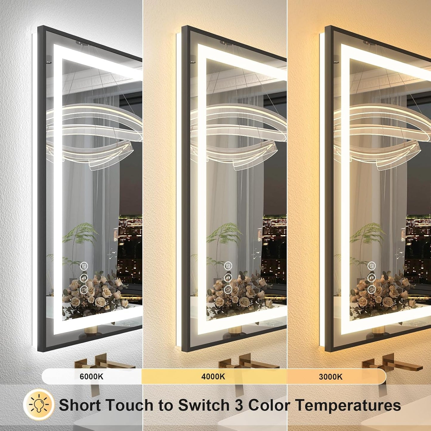 OKPAL 44x32 LED Bathroom Mirror, Lighted Bathroom Mirror with Black Frame, Lighted Vantiy Mirror for Bathroom, Defogger, Dimmable, Shatterproof, Memory, ETL Listed (Front Light and Backlit)