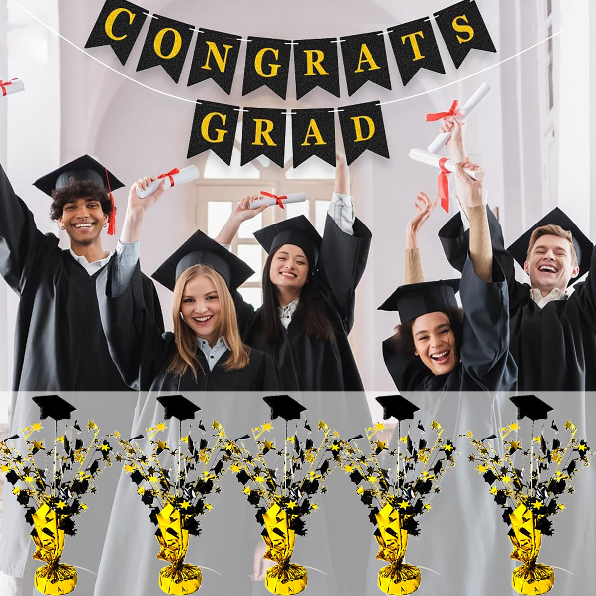 FUBININA 6 Pack 2025 Graduation Table Centerpiece Party Decoration Metallic Foil Spray Glitter Graduate Cap Decor Star Table Top for Graduation Parties Grad Ceremonies Party Favor, Black and Gold