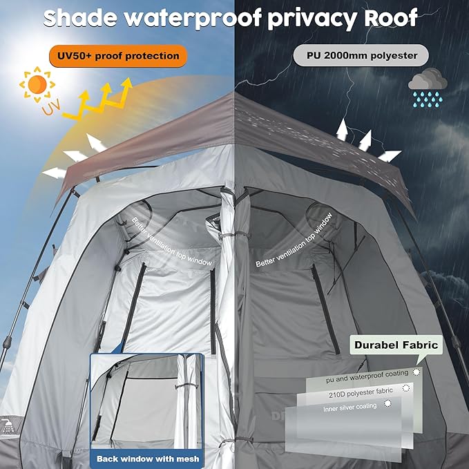 Camping Shower Tent Deluxe Changing Room Easy Set Up Privacy Shelter,Large Toilet Tent 2 Rooms with Floor Drain Design for Beach, Camping,Hiking with Stakes and Ropes for Stability