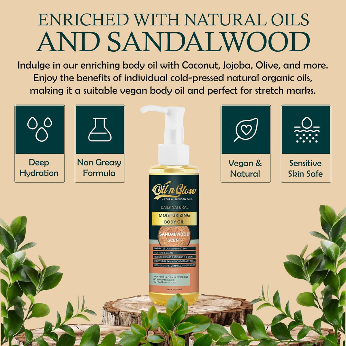 USDA Certified Organic Pure Natural Hydrating Body Oil After Shower With Coconut, Jojoba, Olive & Almond Non-Greasy Moisturizing Oil For Women & Men Dry Skin 5.07 fl oz/150ml-Sandalwood Scent