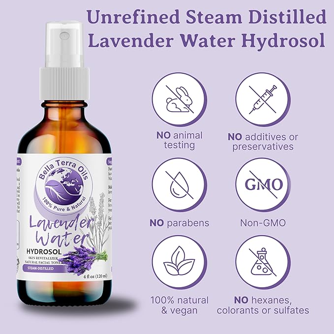 Bella Terra Oils - Hydrosol Water 16oz - Luxurious Lavender Organic Rose Water Blend, Packed with Essential Minerals & Amino Acids, Ultimate Skin Quencher