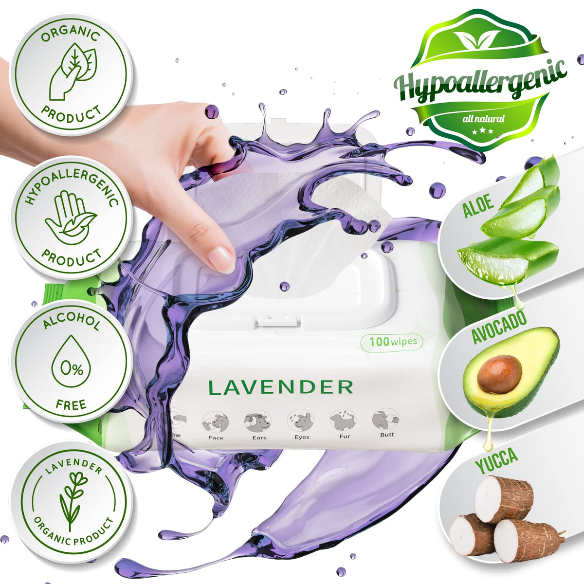 Petazy Dog Wipes for Paws and Butt Ears Eyes | Organic Pet Wipes for Dogs | Hypoallergenic Lavender Scented Dog Wipes Cleaning Deodorizing | Extra Thick Plant Based Wipes Dogs Cats Pets | 100 Count