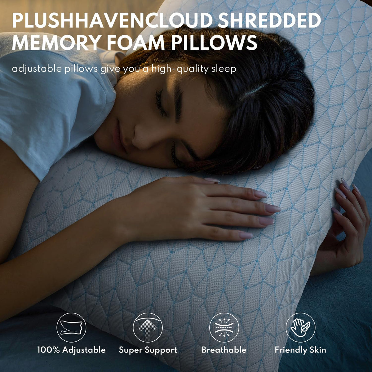 COZSINOOR Cooling Pillows Queen Size Set of 2 for Sleeping - Adjustable Shredded Memory Foam Pillows 2 Pack, Cool Bed Pillows for Back, Side and Stomach Sleepers, Gel Pillow Removable Cover Washable
