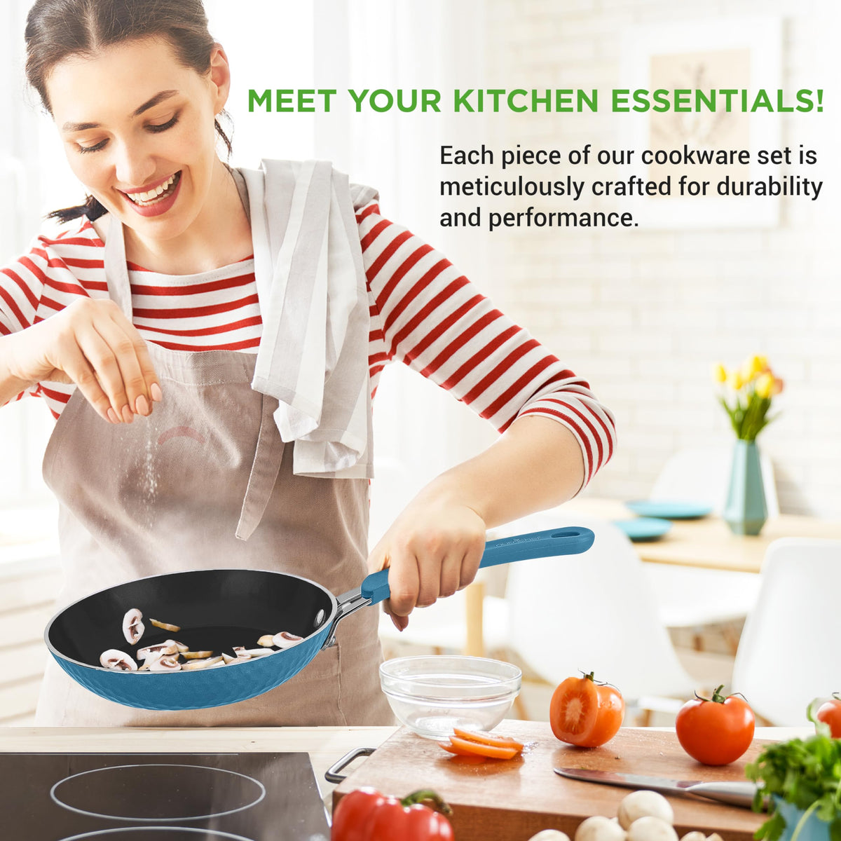 NutriChef 11 Pc Ceramic Cookware Set - Excilon Blue Diamond, Nonstick, Induction Ready, Includes Saucepan, Fry Pans, Dutch Oven, Utensils, Dishwasher Safe - NCCW11BD.7