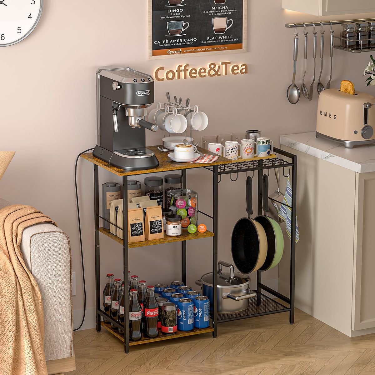 Kitchen Stand with Pots Rack, Utility Microwave Oven Stand with Storage, 5 Tiers Coffee Bar Table, Small Kitchen Bakers Rack with 6 S Hooks, Kitchen Storage Shelf Rack for Spices, Pots, Rustic Brown