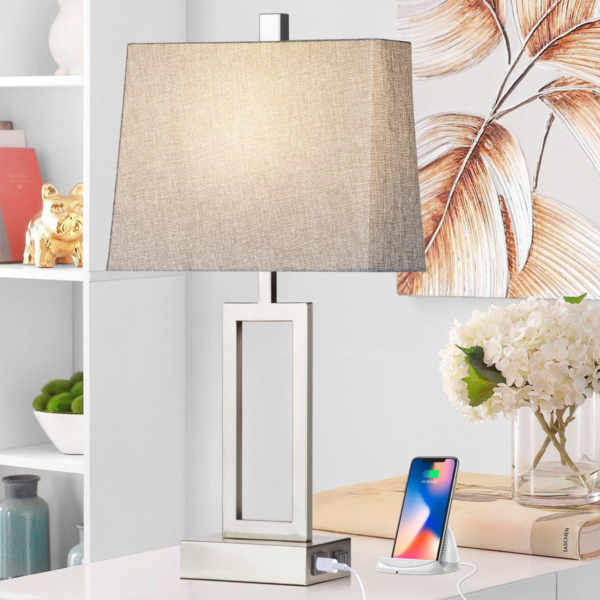 Rinweey Touch Control Table Lamps Set of 2, Modern Silver Bedside Lamps with USB A+C Ports & AC Outlet, 3 Way Dimmable Contemporary Nightstand Lamps for Bedroom Living Room(LED Bulb Included)