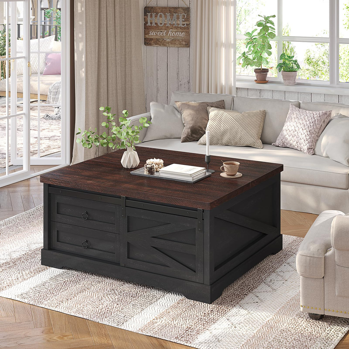 Itaar 39.4'' Lift Top Coffee Table with Storage, Farmhouse Coffee Tables for Living Room, Square Coffee Table with Large Hidden Compartment & 2 Drawers & Adjustable Shelves, Black