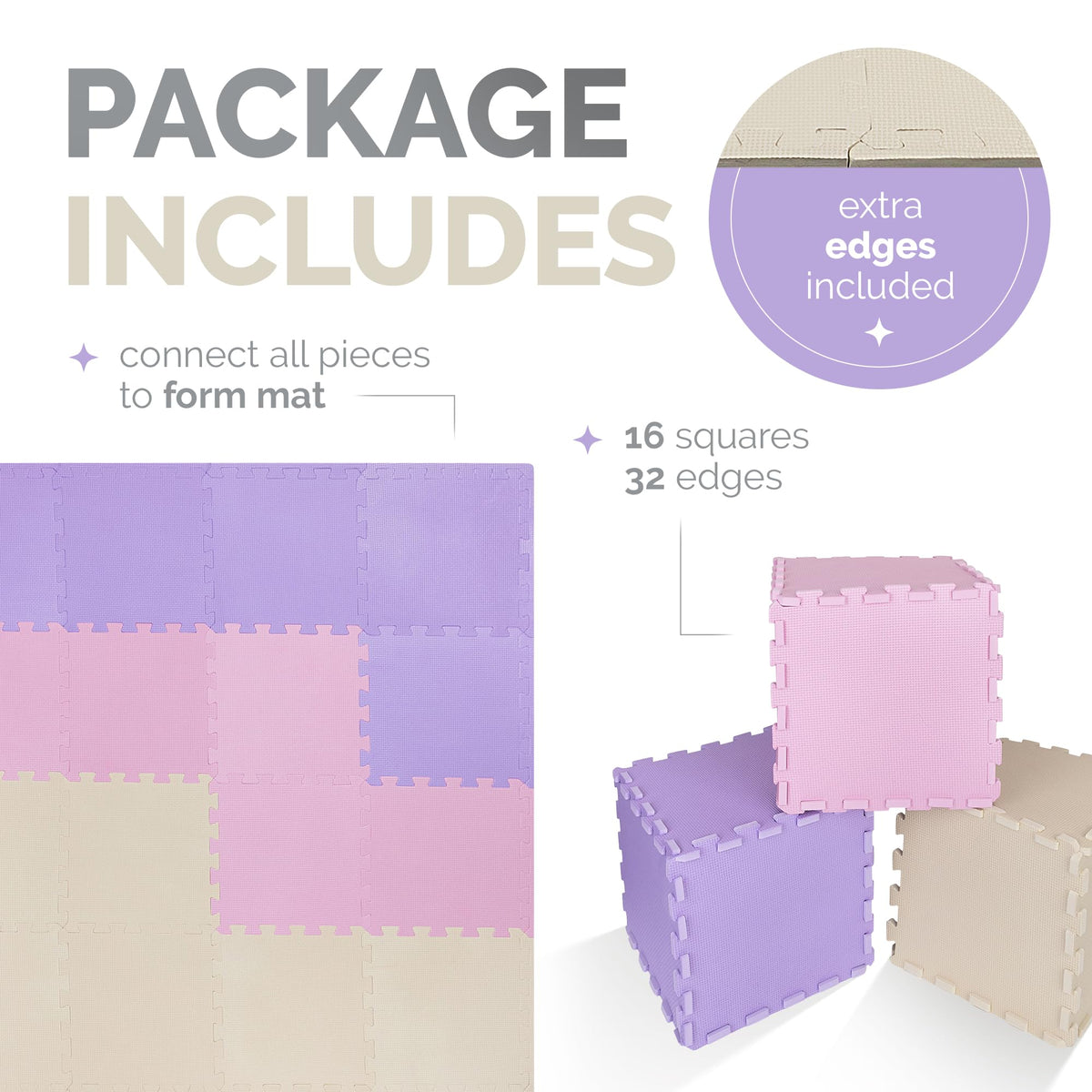 TOYVELT Ultimate Foam Play Mat Set 12x12-16 Interlocking Floor Tiles for Kids - Non Toxic, Colorful Foam Puzzle Mats - Safe and Durable - Ideal Play Mat for Toddlers 1-3 - Pink-Purple-Beige
