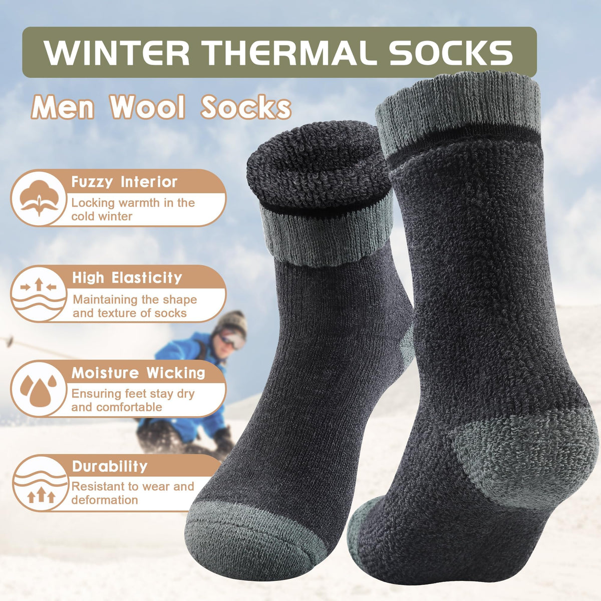 Yeblues Merino Wool Thermal Hiking Socks - 4 Pairs, Men's Sizes 6-11, Super Soft, Warm for Winter