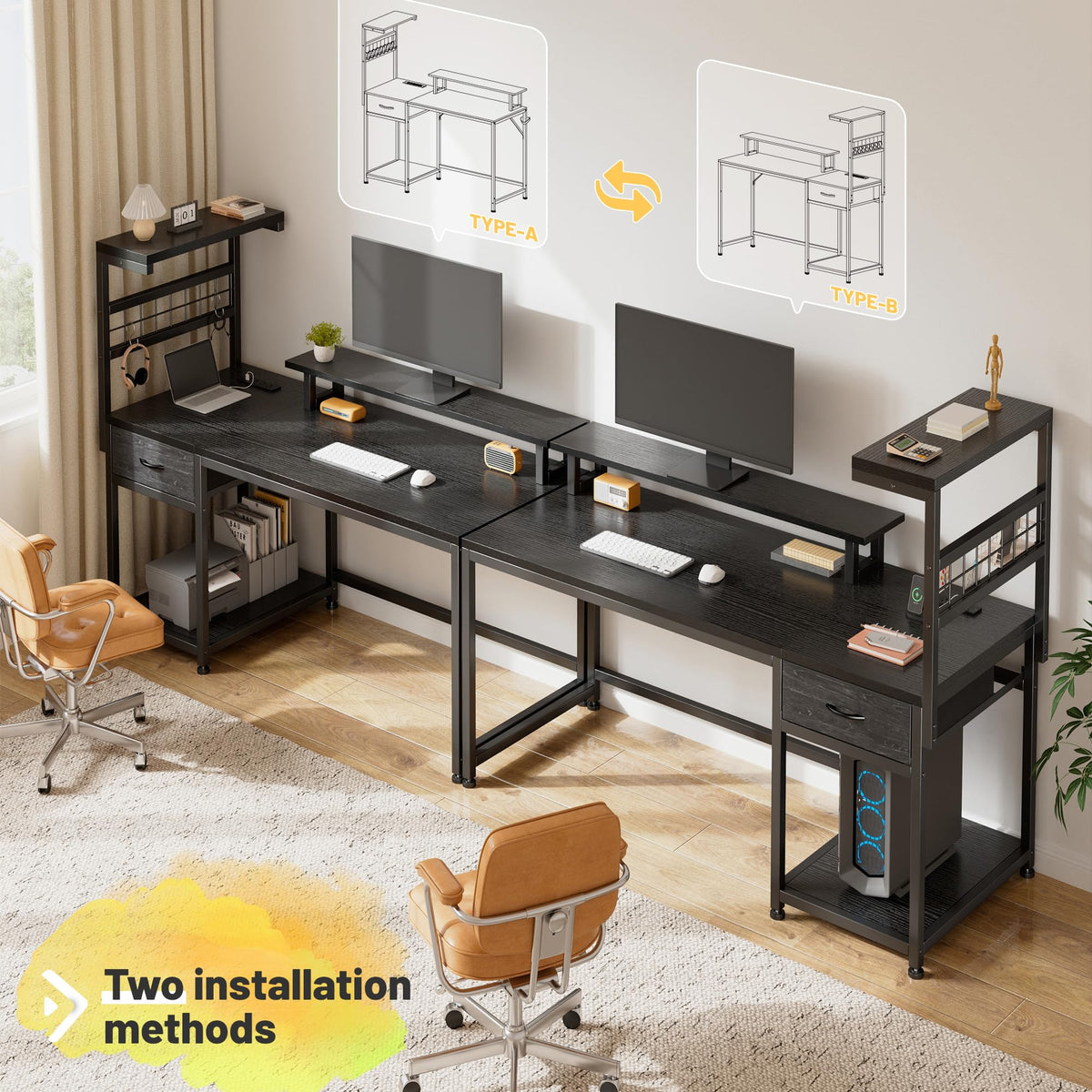 EnHomee 48" Reversible Computer Desk with Power Outlets & LED Lights,Home Office Desk with Drawers & Storage Shelves, Gaming Desk with Monitor Stand for Living Room, Gaming Room,Black