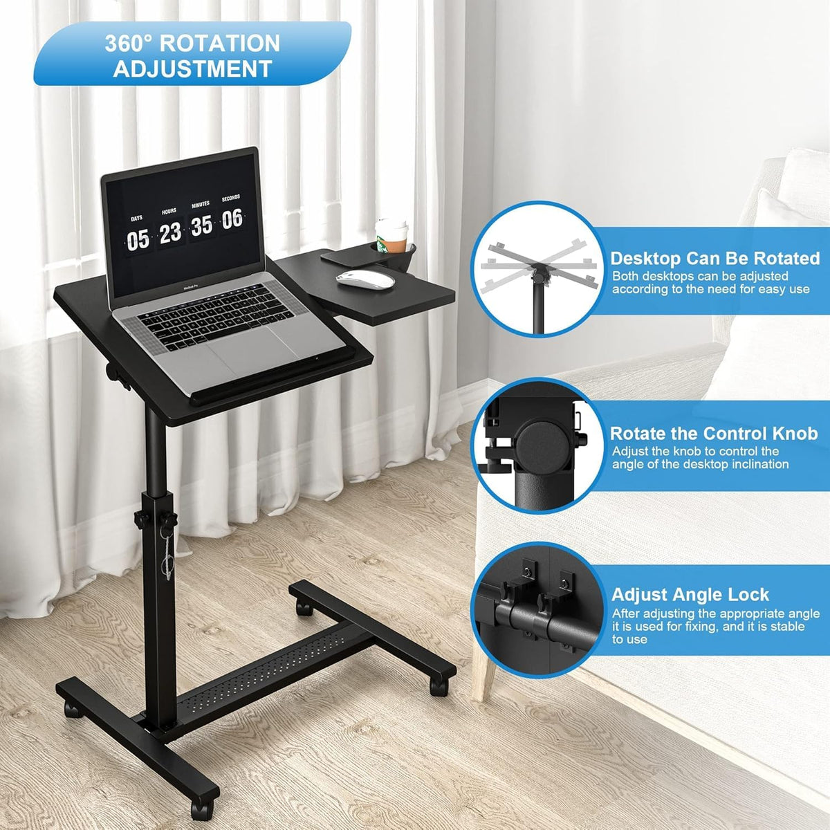 Panta Height Adjustable Rolling Laptop Stand, Overbed Table with 2 Tilting Desktops, Mobile Laptop Table for Couch with Cup Holder, Mobile Computer Workstation for Office, Home and Hospital