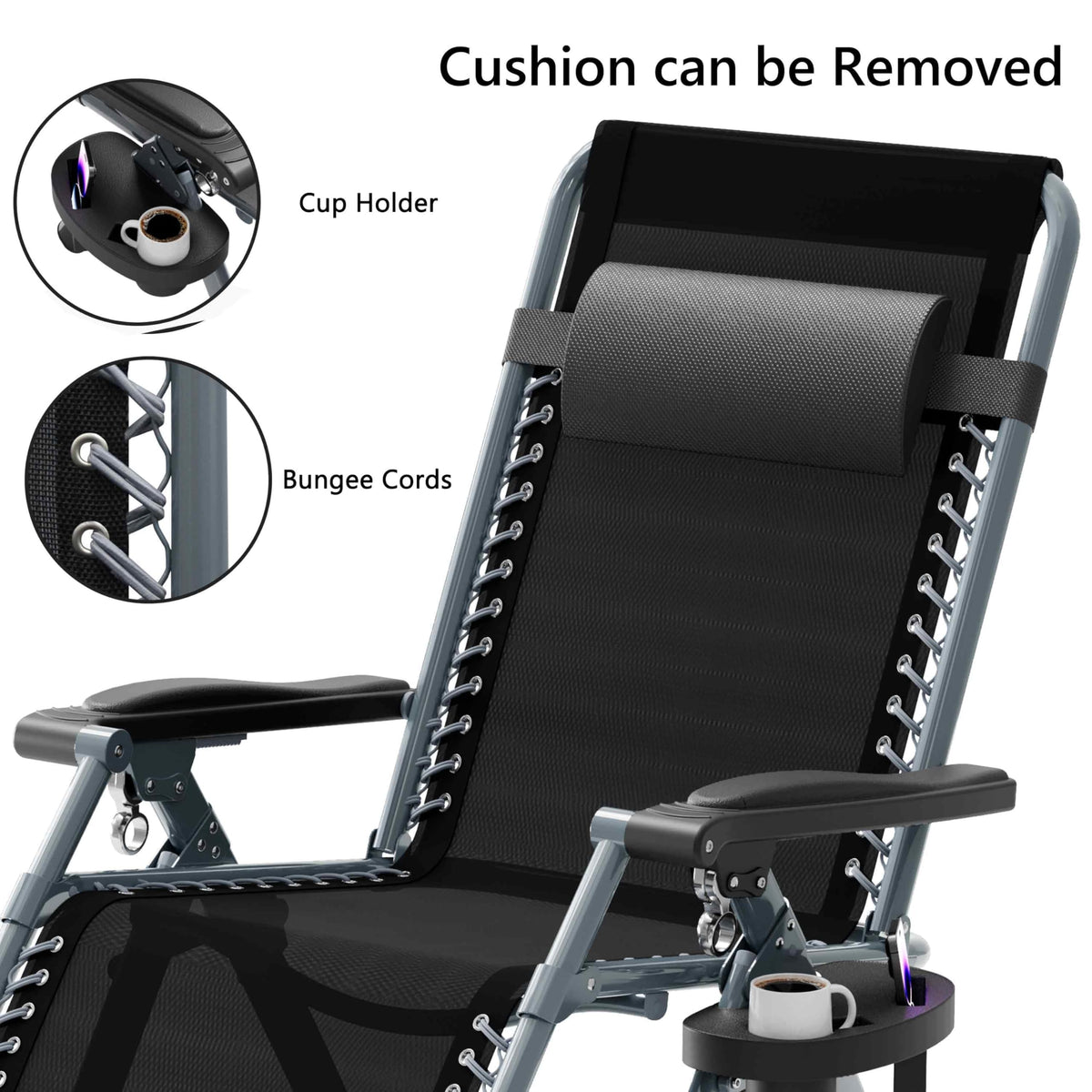 Seeutek Outdoor Zero Gravity Chair - Adjustable Steel Mesh Folding Recliner with Removable Extra Thick Cushion and Upgraded Lock and Cup Holder for Patio, Camping, Indoor, Outdoor - Grey