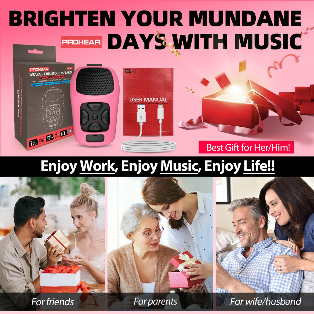 PROHEAR MC001 Wearable Bluetooth Speaker - 45g Portable Small Speaker with Magnetic Clip-On, IP66 Waterproof Certified, Built-in Mic, Voice Assistant for Hands Free Calls, Gifts for Women(Warm Pink)