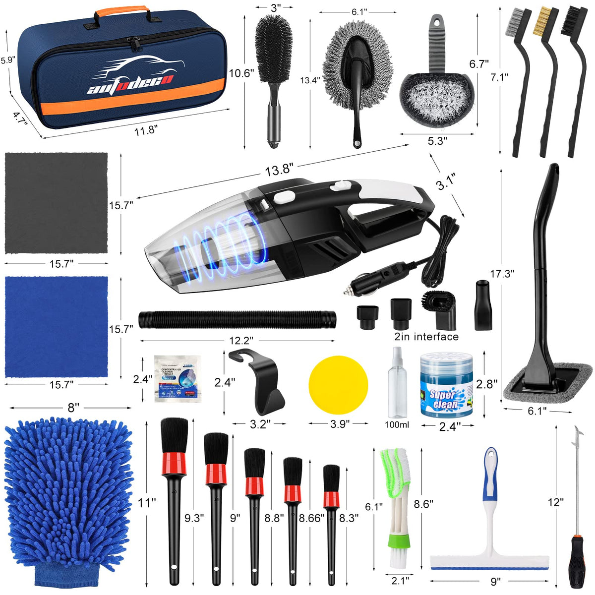 AUTODECO 39Pcs Car Cleaning Wash Kit Interior Detailing Cleaner Kit with High Power Handheld Vacuum, Brush Set, Windshield Tool, Duster, Towels, Tire Brush, Complete Car Care Tools, Blue