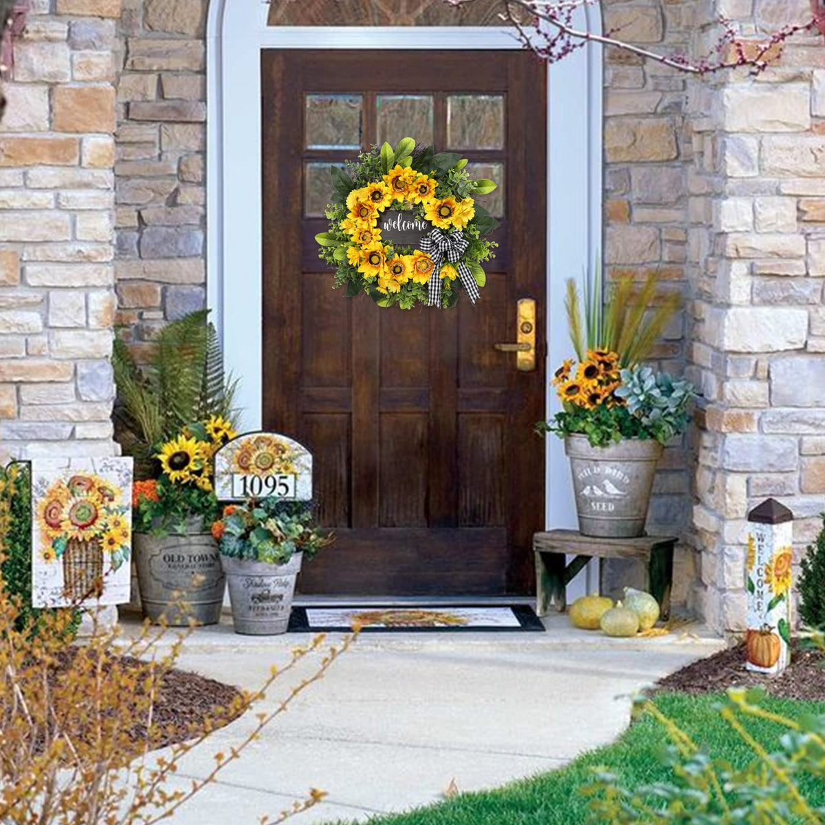 Sunflower Wreath with Welcome,Spring Summer Wreath for Front Door, Unique Housewarming Gift,mother'day Gift,Farmhouse Porch Decor,Sunflower Wall Decor,Wedding Favors,Year Round wreaths-20inch