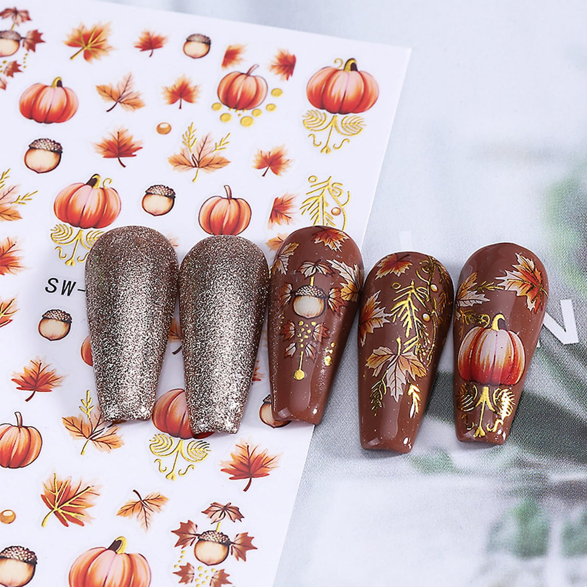 6 Sheets Fall Nail Art Stickers 3D Self-Adhesive Maple Leaf Nail Stickers with Ear of Wheat & Chestnut Designs DIY Pumpkin Nail Decal Supplies for Women Nail Art Manicure Decoration Accessories
