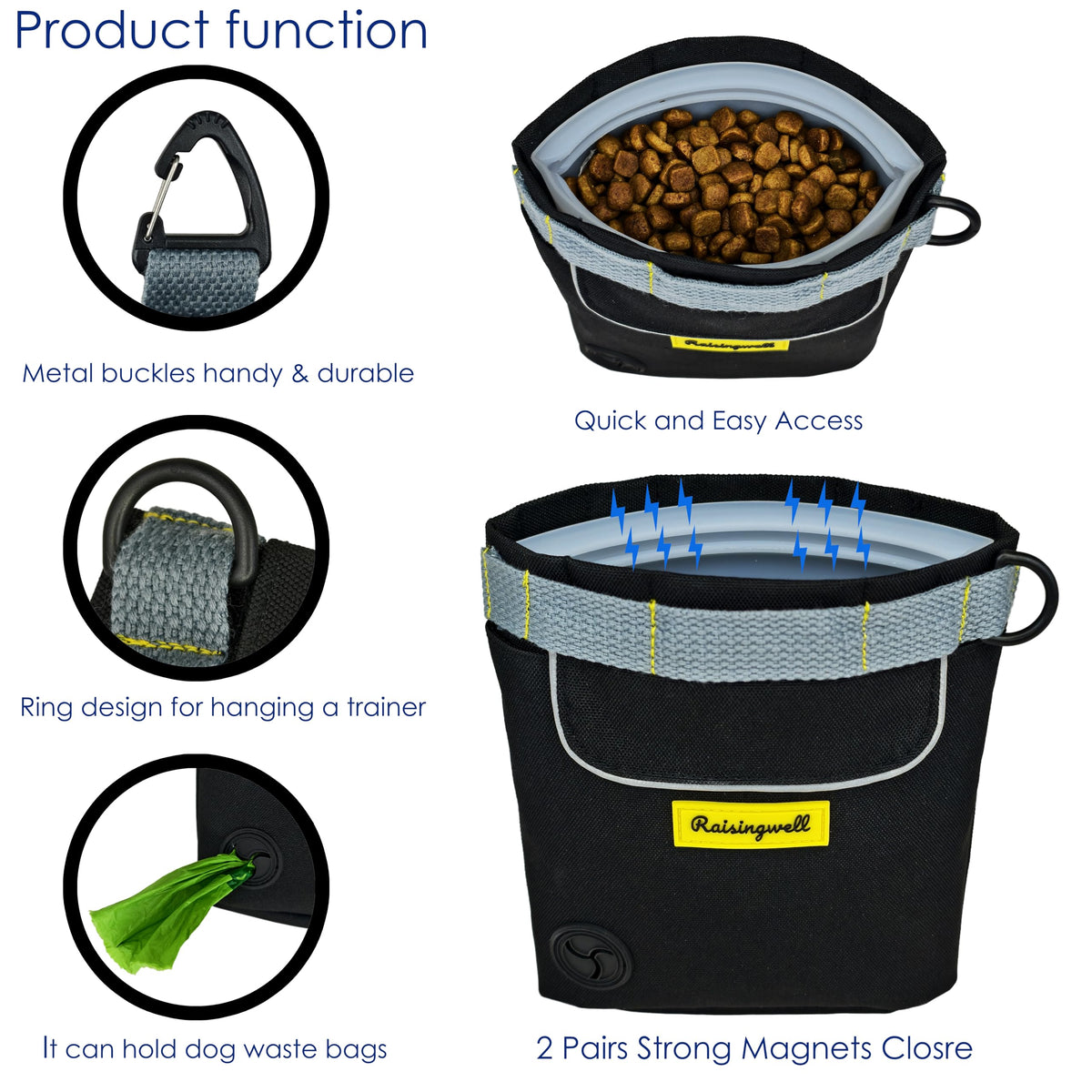 Raisingwell Dog Treat Pouch for Pet Walking and Training with Clicker 2 Cup Silicone Bag Small Fanny Pack Holder for Puppy Snack Dispenser Kit for Leash and Outdoor Use (Black)