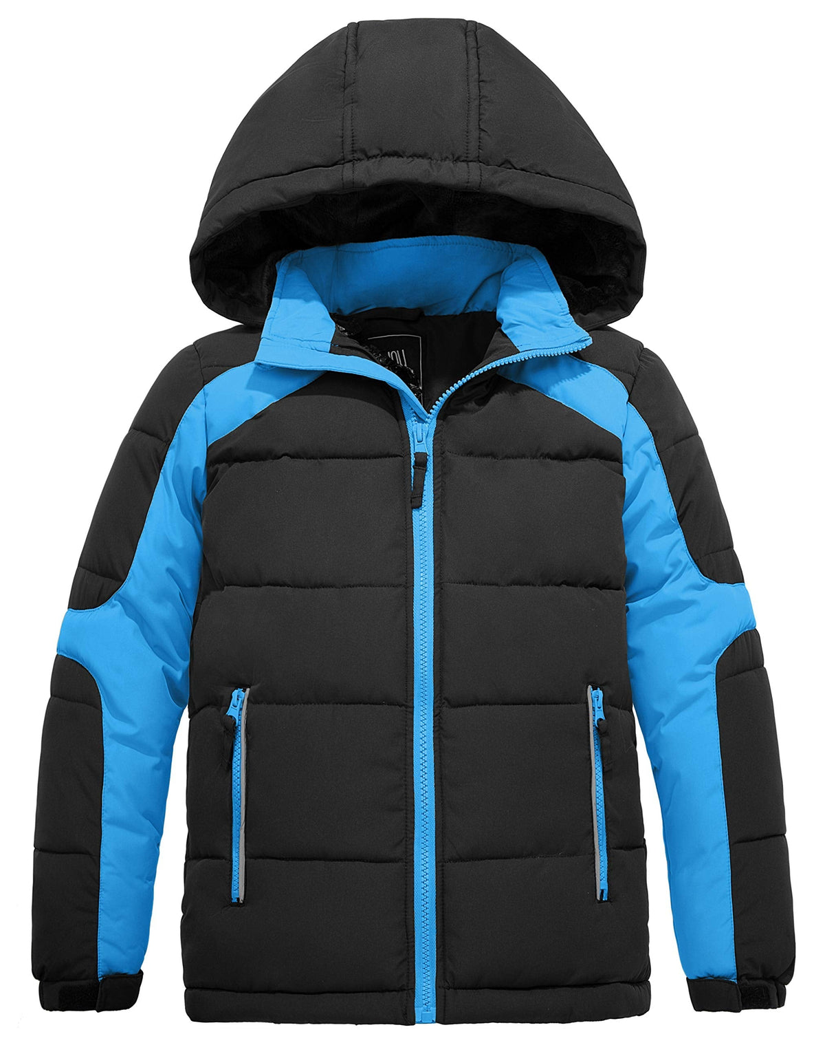 ZSHOW Boys' Puffer Jacket Windproof Waterproof Quilted Outerwear Coat with Hood(Black & Blue,10-12)
