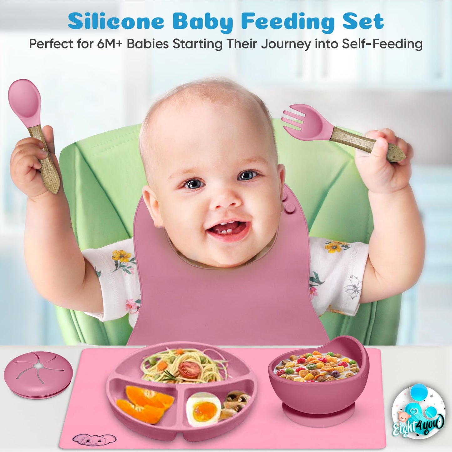 Silicone Baby Feeding Set - Baby Led Weaning Supplies with Sippy Cup, suction plate and bowl, Spoons, Forks, Fruit Pacifier, Bib, and Baby Eating Essentials for 6+ Months - Eight4you