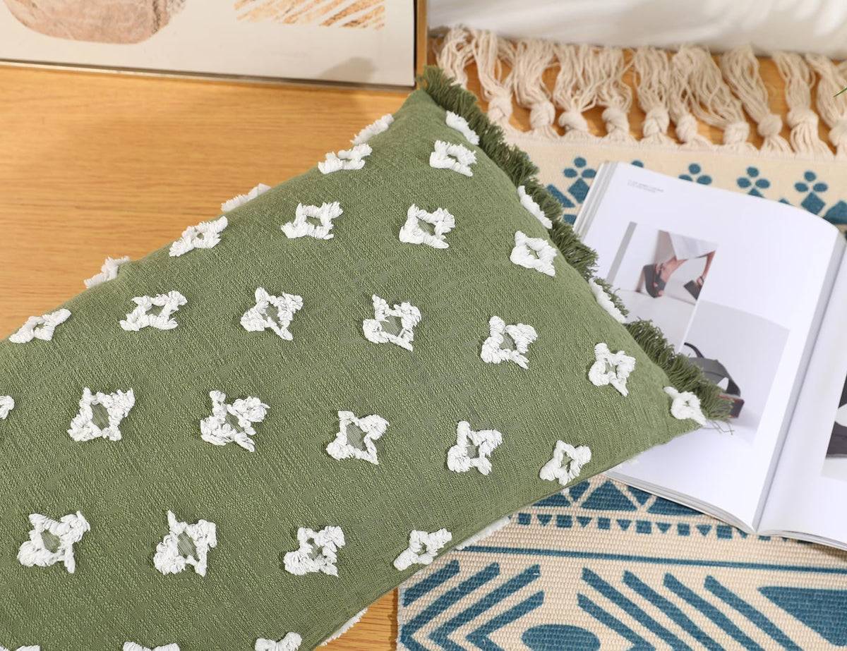 DRNOU Boho Long Lumbar Pillow Cover 14x24 with Tassel,3D Flower Patterned Cotton Decorative Long Lumbar Pillow Cover Pillow Case for Sofa Couch Bed Livingroom Farmhouse,Sage Green