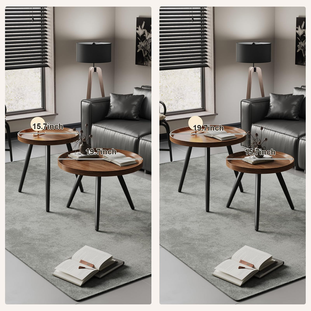 2 PCS Small Round Coffee Table, Walnut Nesting Tables for Small Spaces, Mid Century Modern Centre Table, Easy Assembly Circle Coffee Tables for Living Room, Minimalist Nesting Coffee Table Set of 2