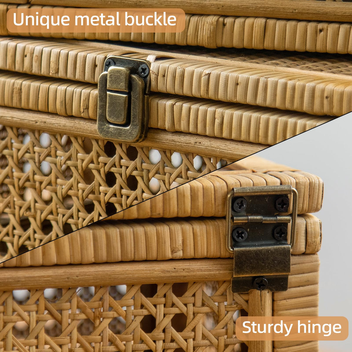 HuiDao Rattan Decorative Box, Boho Display Boxes with Lids, Set of 2 Rectangular Wicker Storage Basket, Natural Woven Cane Bins for Home Decor (Rectangular)