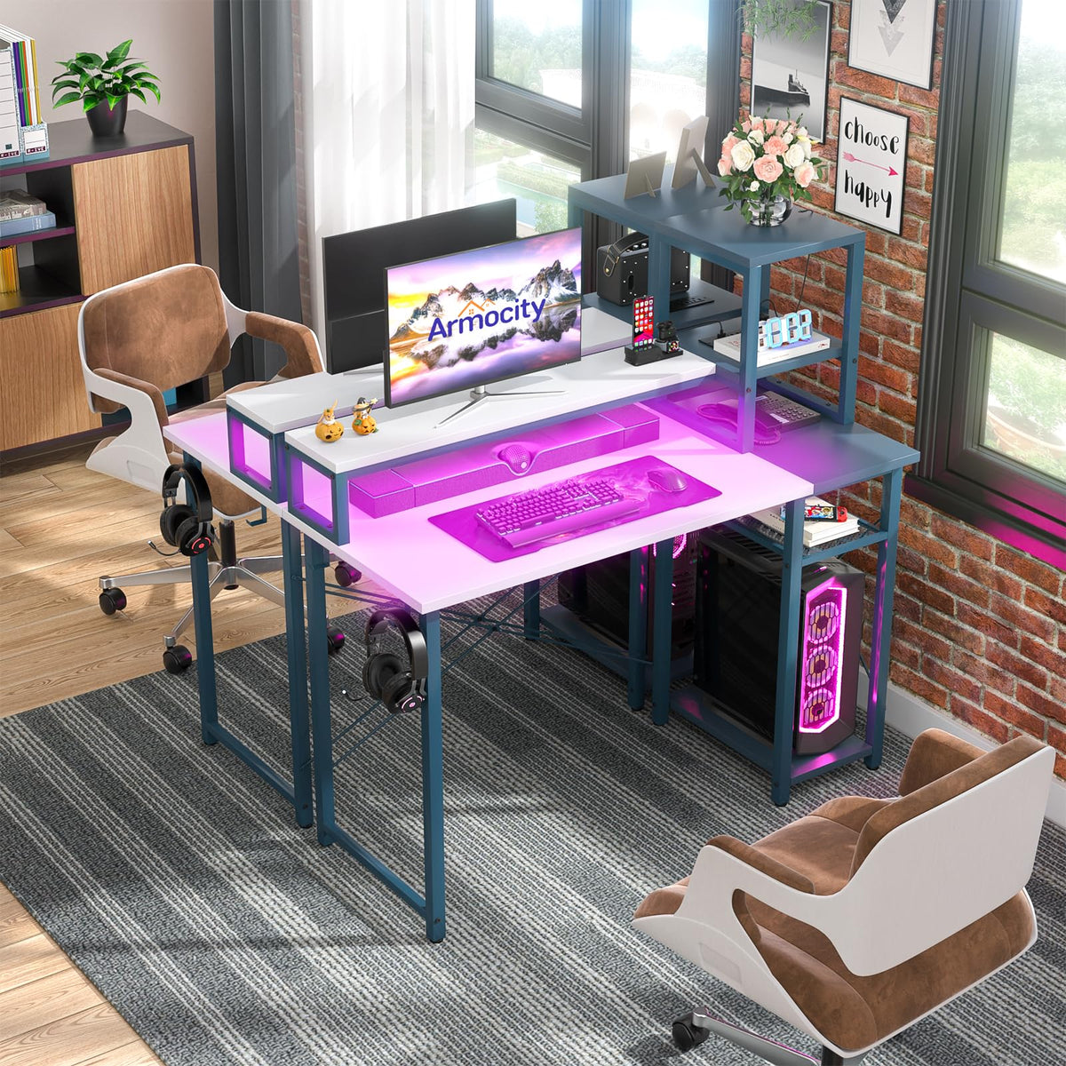 armocity 2024 Upgrade Gaming Desk with LED Lights, Computer Desk with Long Monitor Stand, 40'' Reversible Laptop Table with Shelves, Small Desk for Small Spaces, Gaming Room, White and Blue