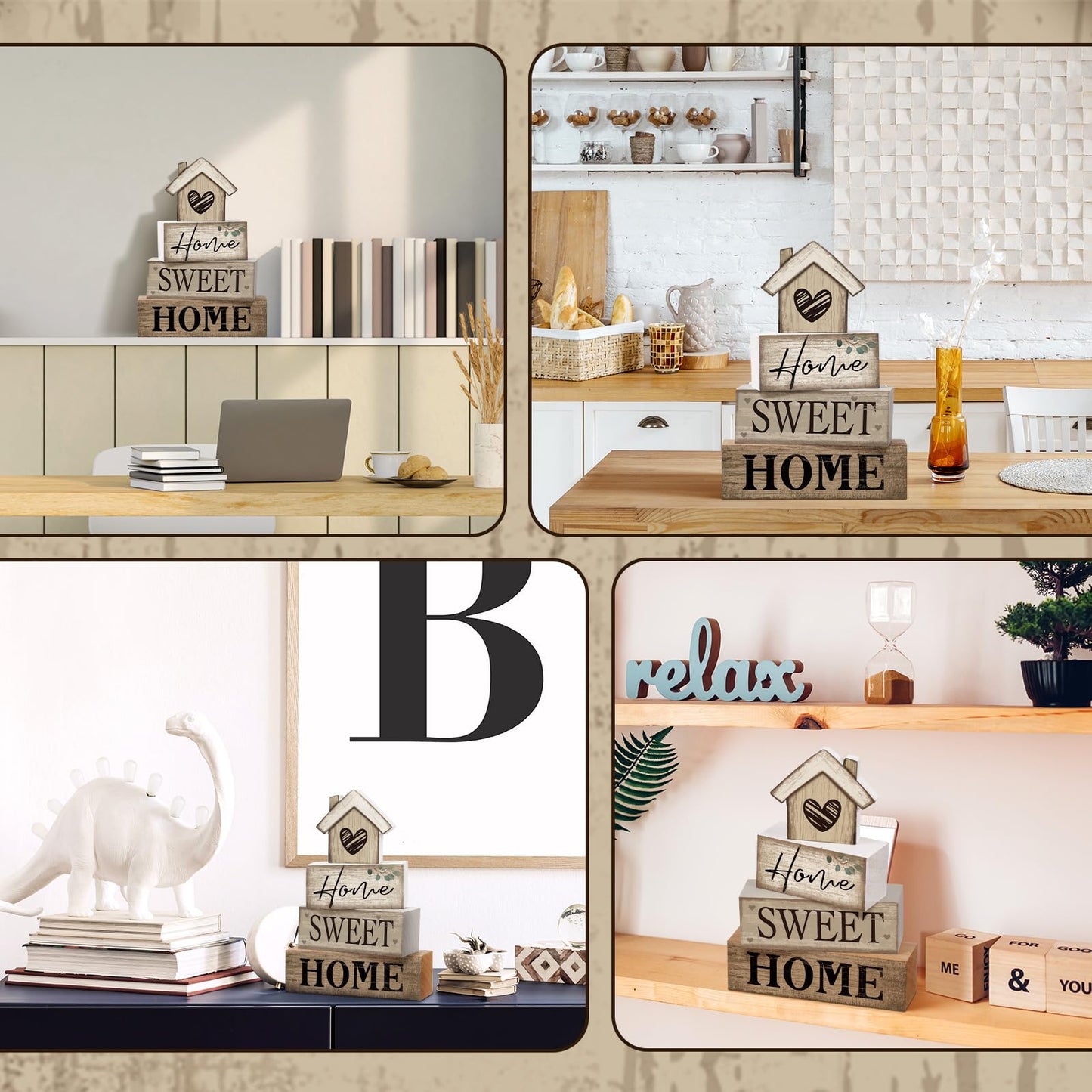 Moucuny 4 Pcs Wooden Farmhouse Tabletop Decor Rustic Home Tiered Tray Decor Decorative Highland Cow Home Eucalyptus Block Signs Gift Farmhouse Table Decoration for Kitchen Shelf(House)