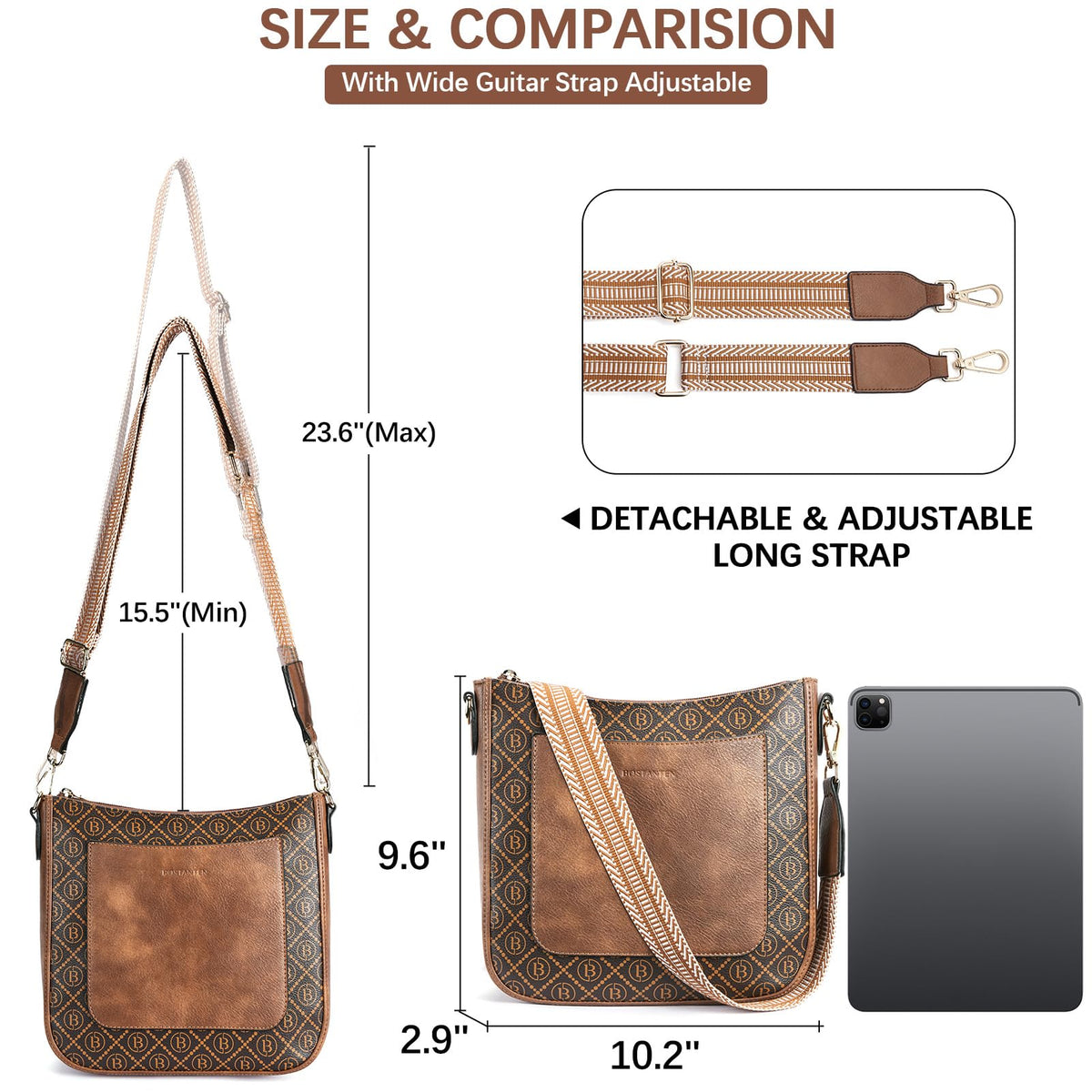 BOSTANTEN Crossbody Bags for Women Trendy Vegan Leather Hobo Handbags Fashion Shoulder Purse with Adjustable Guitar Strap Deep Brown