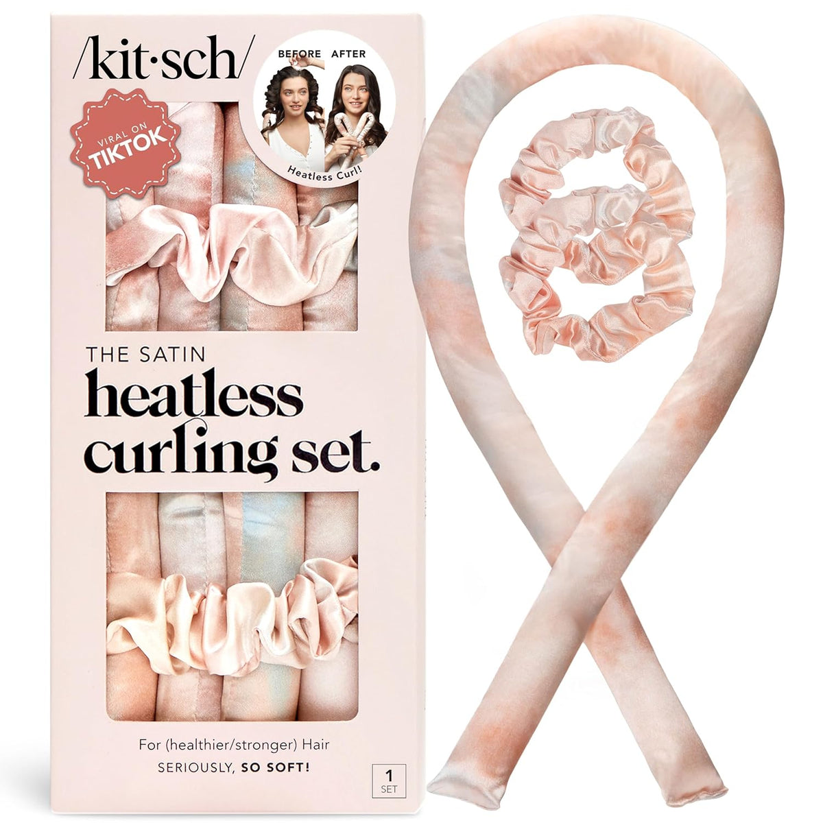 Kitsch Satin Heatless Curling Set – Heatless Curls Overnight with Hair Curler & 2 Satin Scrunchies – Hair Curlers to Sleep In for Overnight Curls – Overnight Blowout Rods – Sunset Tie Dye