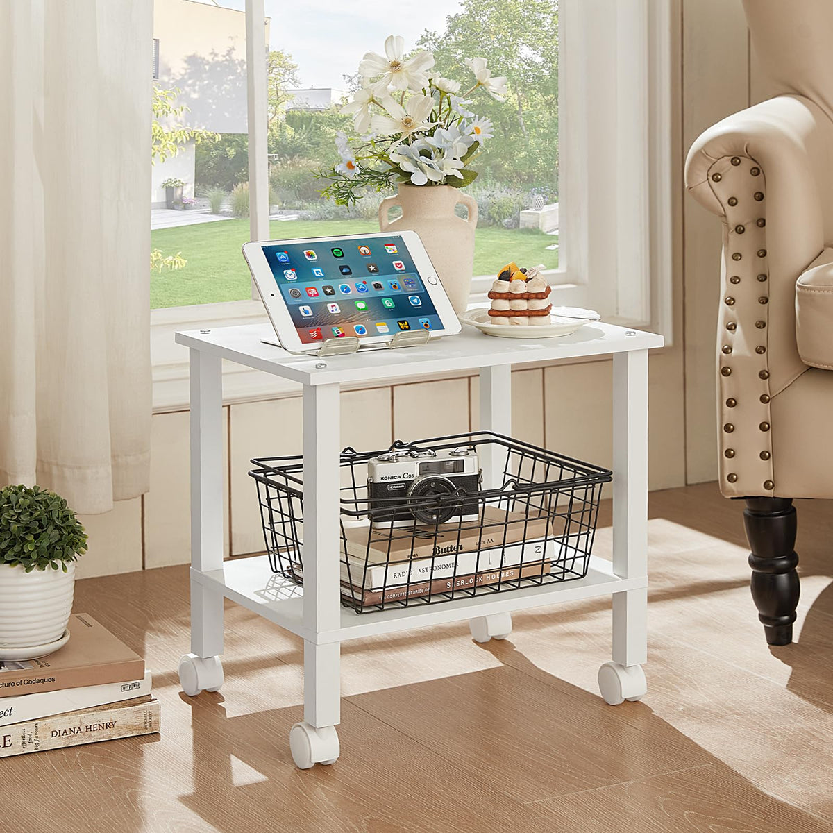 YUFAM 2 Tier Printer Stand with Storage,Under Desk Shelf Printer Table, Rolling Printer Cart for Office,Home,White