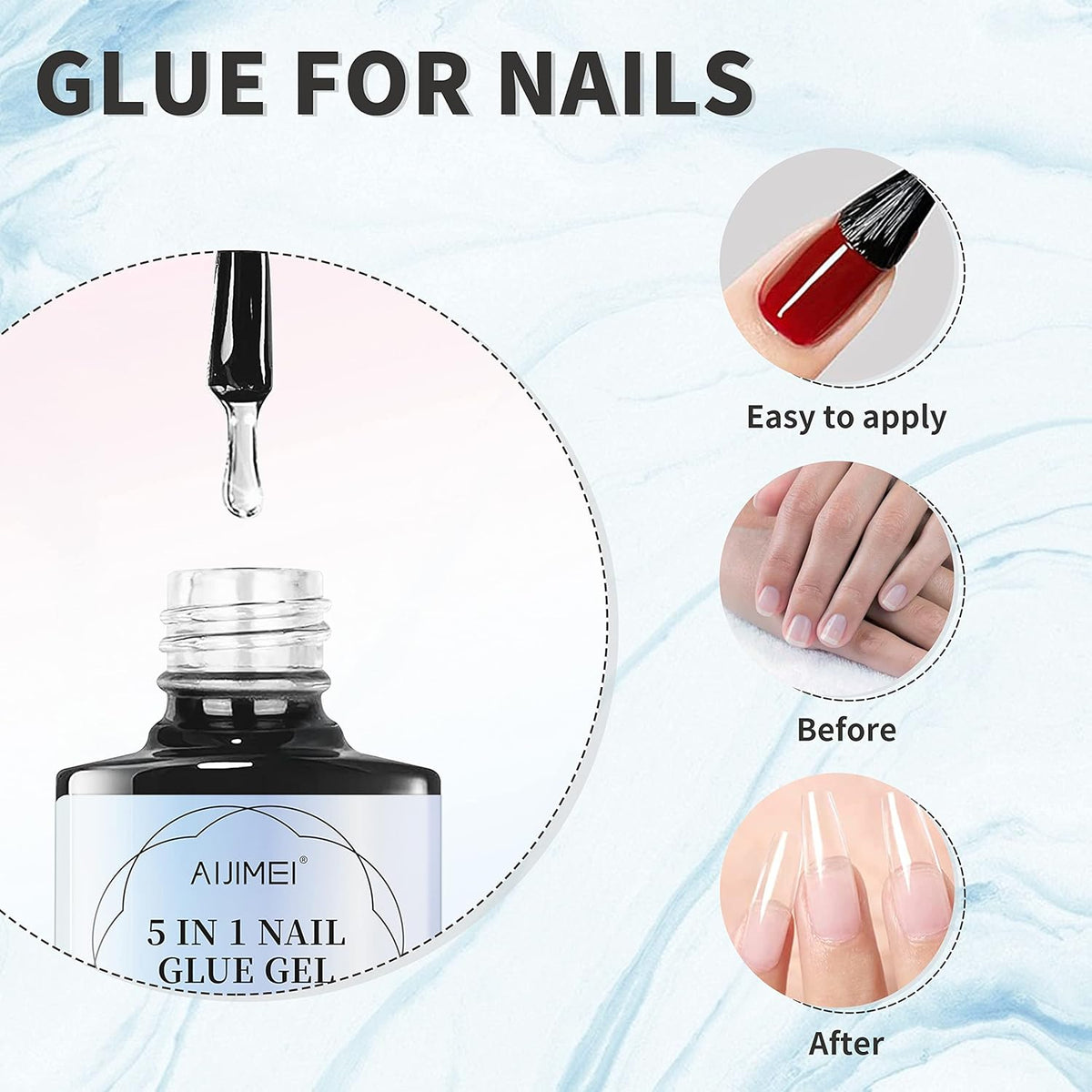 AIJIMEI 5 in 1 Nail Glue Gel False Nail Glues for Acrylic Nails Nail Tips Clear Press On Nail Gel Base Coat Top Coat Nail Extension Gel Adhesive Rhinestone Glue Nail Strengthener Required