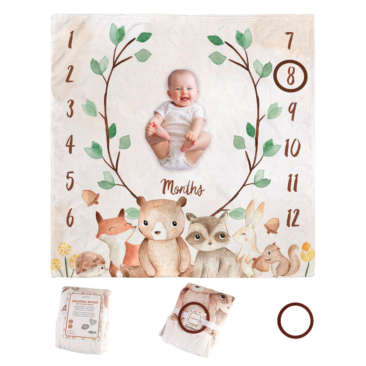 KooKooBaby Monthly Baby Milestone Blanket,47"x47" Premium Fleece Baby Monthly Milestone Blanket with Felt Marker, Baby Boy or Girl Month Age Growth Blanket - Woodland Nursery Animals
