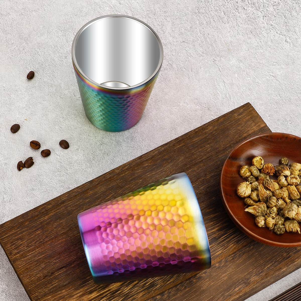 TIICOO Stainless Steel Cups 2 Packs 10oz/300ml Stackable Double Wall Insulated Metal Shatterproof Cups Titanium-Plated Diamond Textured Surface Heat Resistant Dishwasher Safe (Rainbow)
