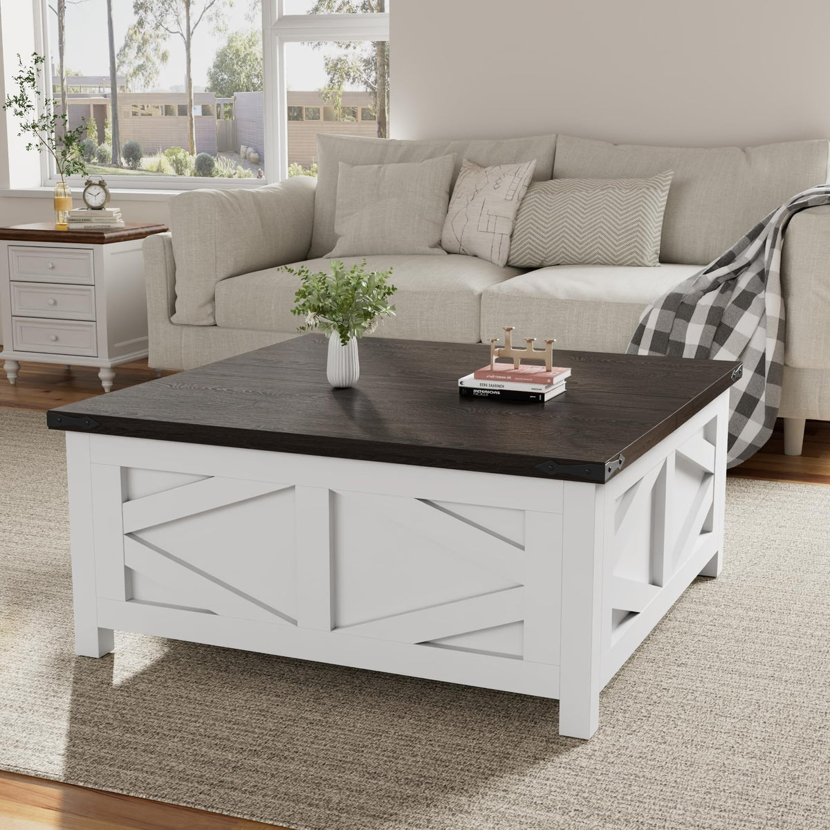 Buytime Farmhouse Lift Top Coffee Table with Storage, Wood Square Center Table with Charging Station, Living Room Table with Large Hidden Space, Rustic White