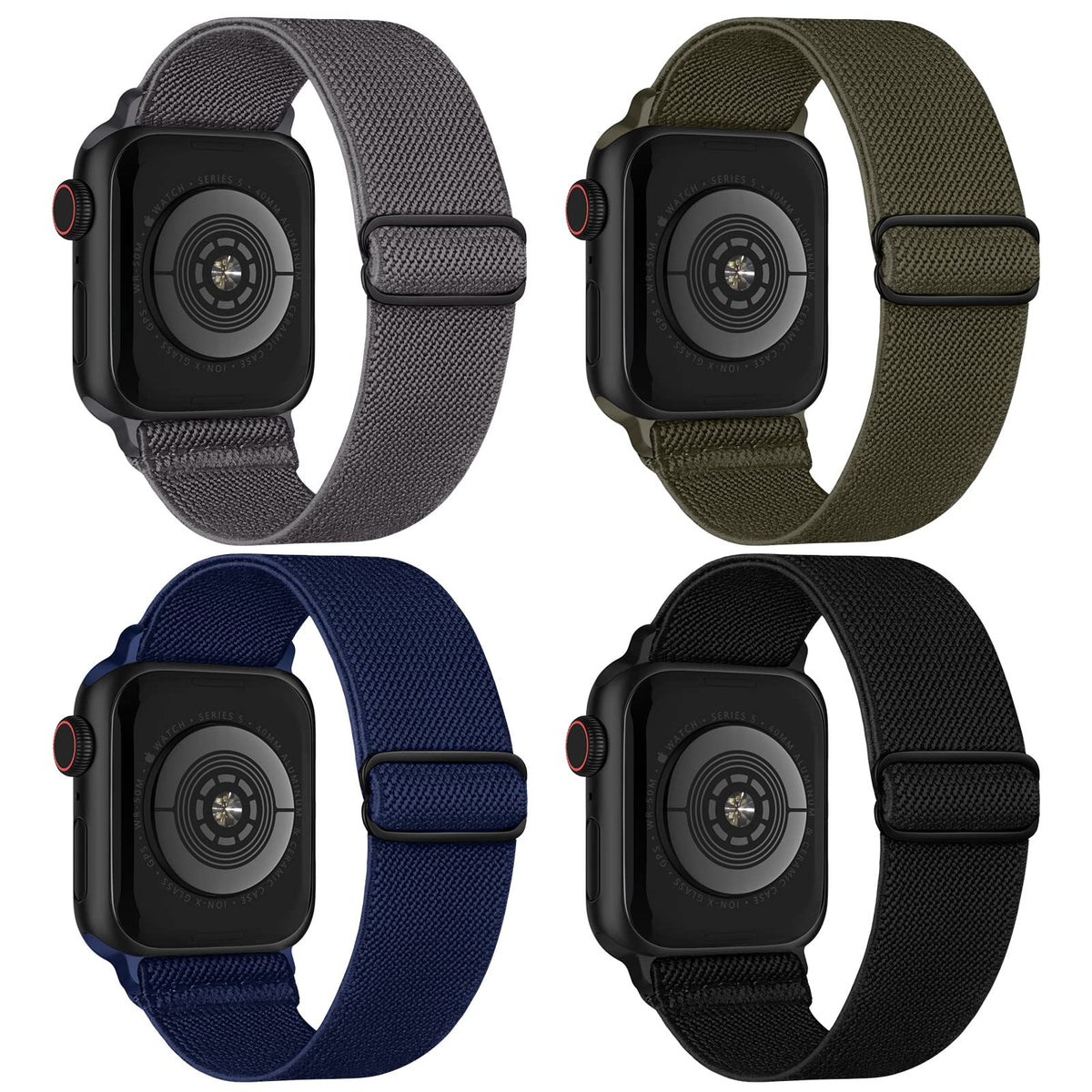 Stretchy Nylon Solo Loop Bands Compatible with Apple Watch 38mm 40mm 41mm 42mm 44mm 45mm 49mm, Sport Elastic Wristbands Women Men Straps for iWatch Series 9/8/7/6/5/4/3/2/1/SE/Ultra/Ultra 2, 4 Pack