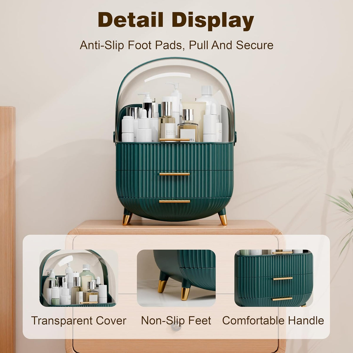 Makeup Organizers and Storage Make up Organizer for Vanity Cosmetics Skincare With Lid and Drawers Display Cases for Countertop Bathroom Women Teenager Girl Gifts(Dark Green+Brush Holder)