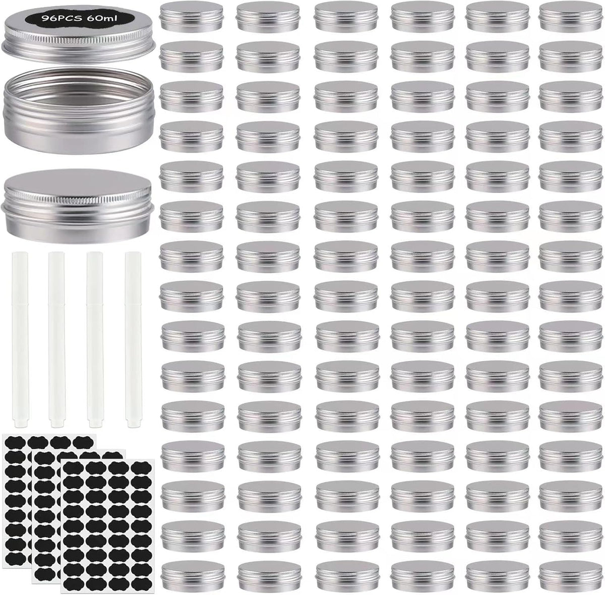 96 Pack Round Cans with Screw Lid 2 Oz Aluminum Metal Tins DIY Food Candle Containers for Lotion Bars, Balms, Salve, Spices, Beard Balm, Crafts with 4 Markers 3 Sheets Label Stickers (Silver)