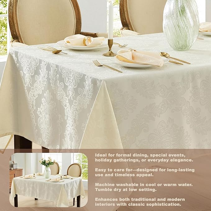Newbridge Barcelona Luxury Damask Fabric Tablecloth, 52” Wide x 52” Square, Antique White, 100% Polyester, No Iron, Soil Resistant Dining Room, Party and Banquet Table Cover