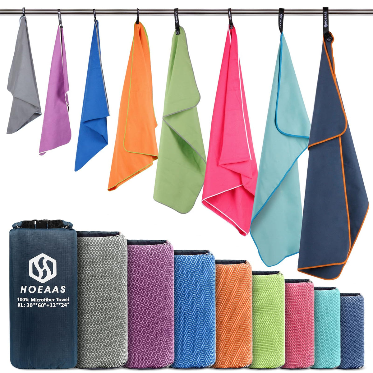 HOEAAS 2 Pack Microfiber Camping Towels, Quick Dry Towel, Super Absorbent Ultra Compact Travel Towel Soft Lightweight Sports Towel for Sweat Fast Drying Towels for Pool,Gym,Hiking,Backpacking,Fitness