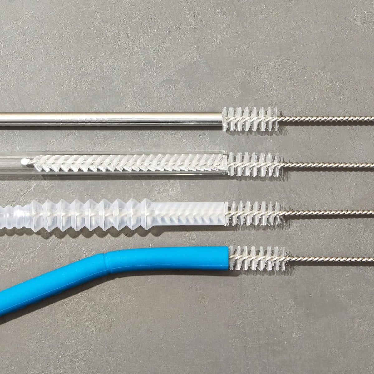 Juvale Straw Cleaner Brush - 12 In, Silver & White, 4-Pack - Stainless Steel Straw Cleaner Brush for Water Bottles & Pipes with Flexible Nylon Tip for Narrow Openings