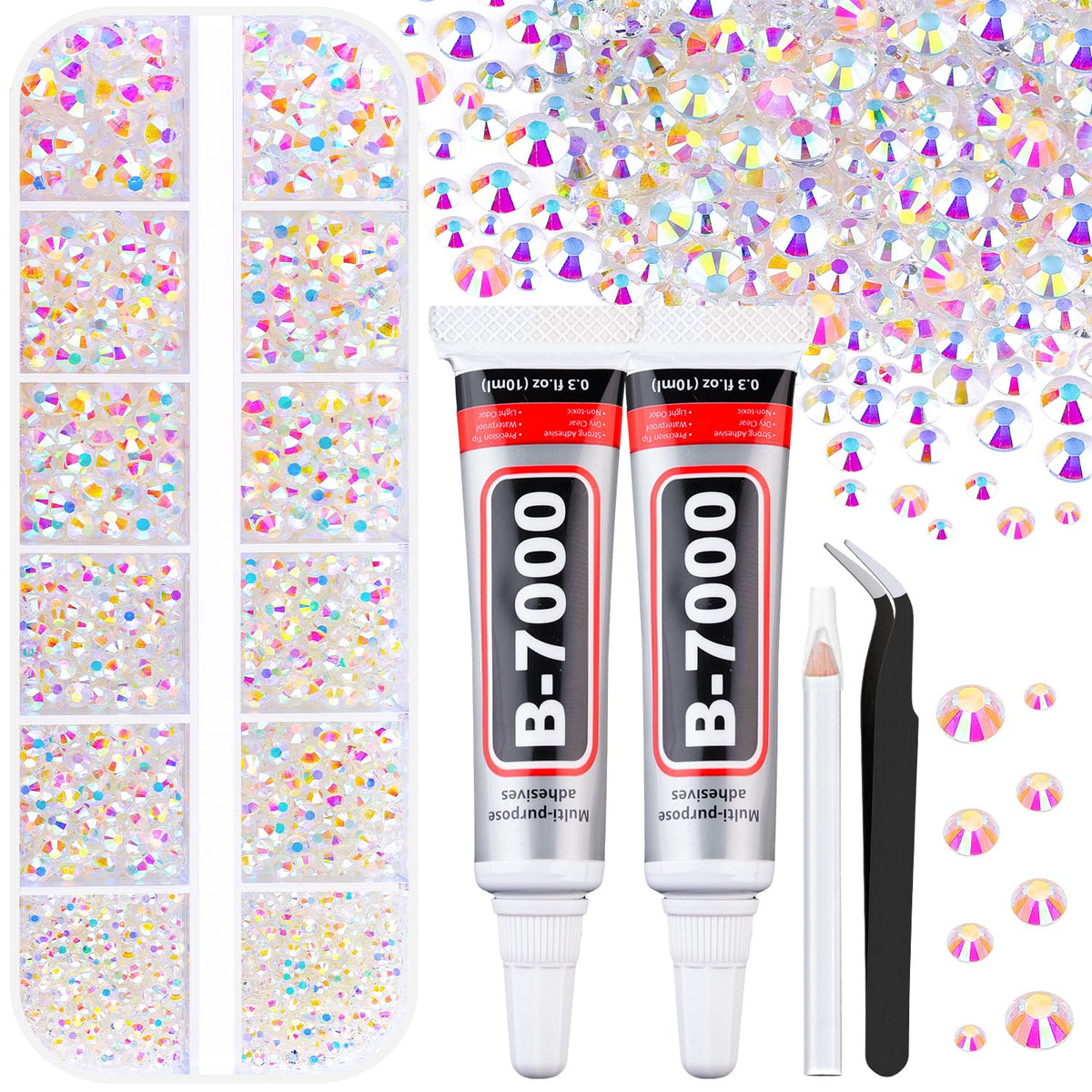 6100Pcs Jelly Resin Rhinestones for Crafting with 2Pcs 10ml B7000 Jewelry Glue, 1 Box Flatback Crystals Diamond (Transparent AB) for Bedazzling Crafts DIY Nail Art Non Hotfix Gems for Clothing Shoes