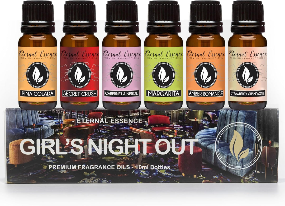 Eternal Essence Oils Girl's Night Out Set of 6 Premium Fragrance Oils - Includes Strawberry Champagne, Pina Colada, Secret Crush, Margarita, Amber Romance, and Cabernet & Neroli Scented Oils - 10ML