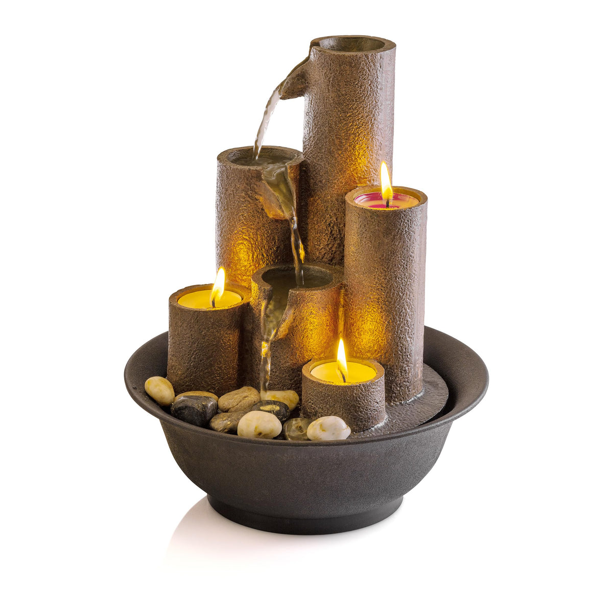 Alpine Corporation WCT202 Indoor Tabletop Tiered Water Fountain Featuring 3 Candles for Desktop and Table, 11", Brown