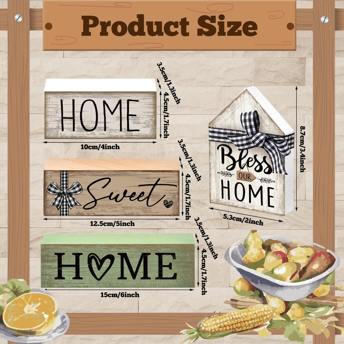 Moucuny 4 Pcs Wooden Farmhouse Tabletop Decor Rustic Home Tiered Tray Decor Decorative Highland CowEucalyptus Block Signs Gift Farmhouse Table Decoration for Kitchen Shelf(Home)