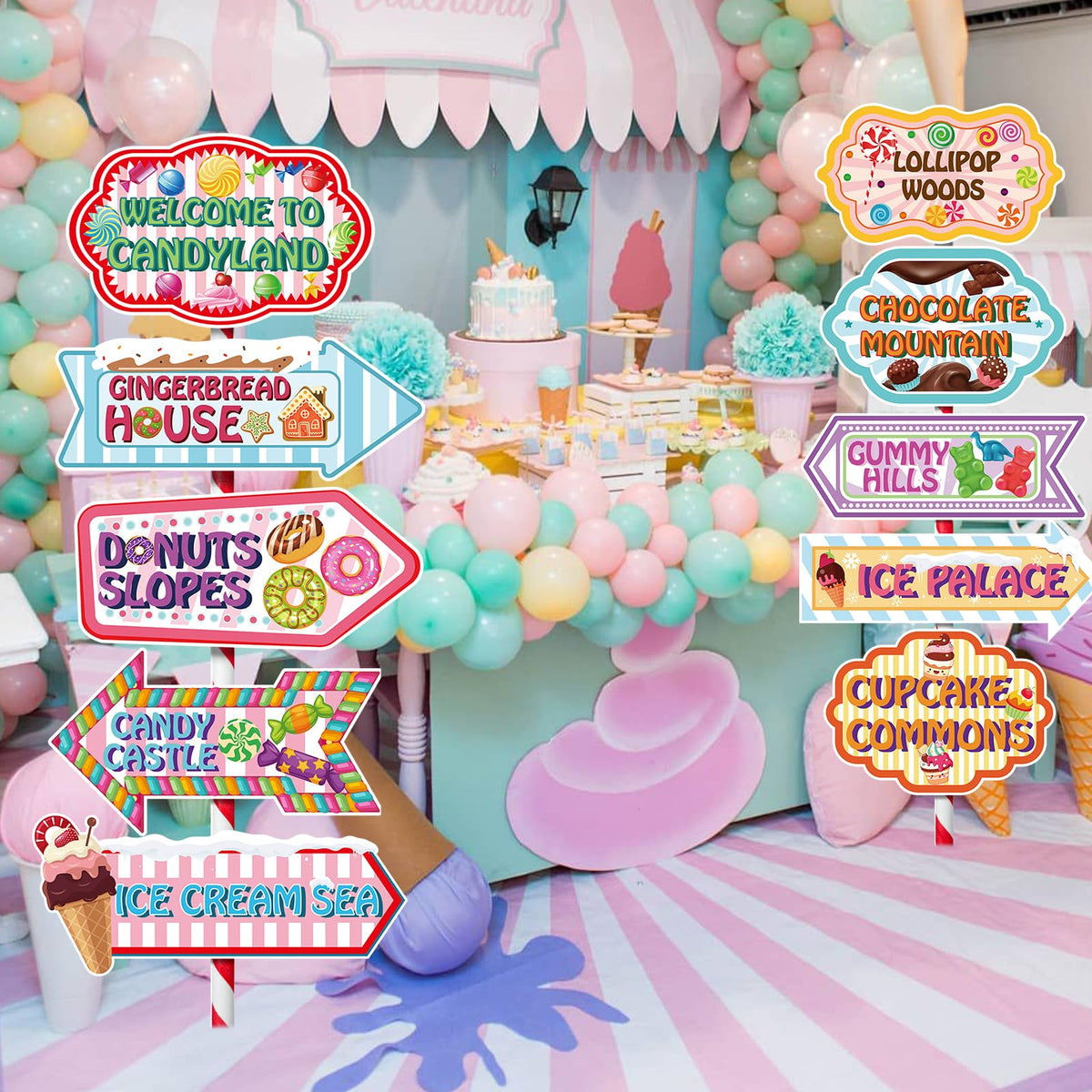 KALEFO Candyland Party Decorations Candy Land Sign Welcome Birthday Decor Directional Street Arrow Signs for Kids Sweet Theme Supplies(10 Pcs)