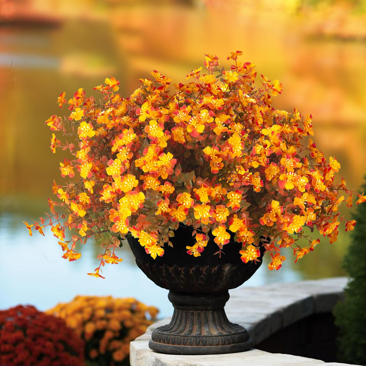 Grunyia 12 Bundles Artificial Fall Flowers for Outdoors, Artificial Plants UV Resistant Fall Fake Mums Plants for Outside Halloween Christmas Porch Decoration ecorations (Fall Red)