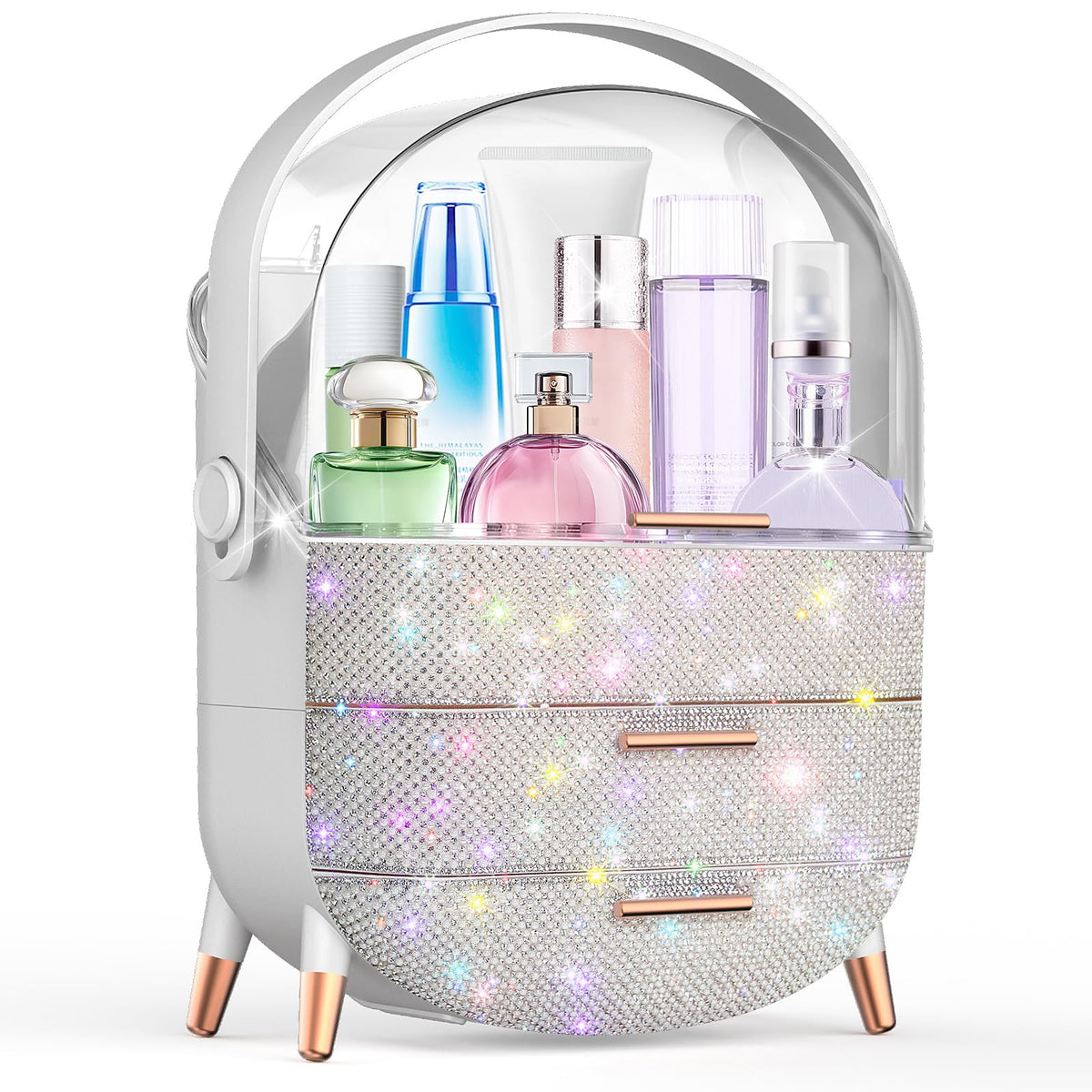 Makeup Organizer For Teen Girl Birthday Gifts, Cosmetic Display Cases with Transparent Cover, Skincare Organizers for Vanity, Perfume Organizer, Lotions Display Case, Lipstick Organizer (Rhinestone)
